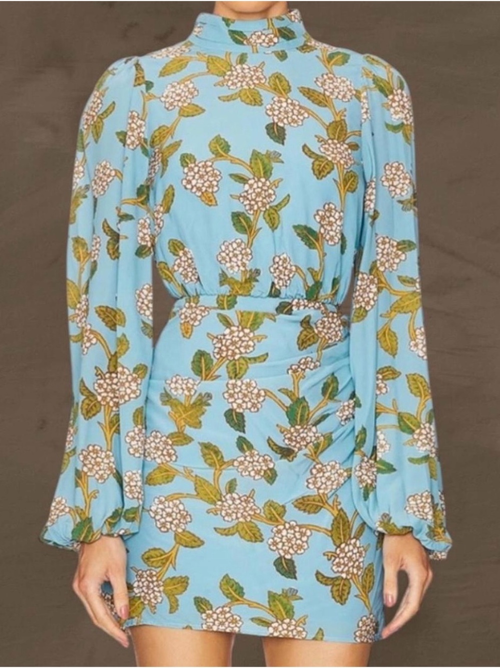 RHODE Sky Blue Floral High Neck Long Sleeve Mini Dress